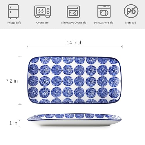 Selamica Ceramic Serving Platters, 14 Inch Serving Trays for Party Entertaining, Large Rectangular Serving Plates for Appetizer, Charcuterie, Dessert, Fruit, Set of 4, Vintage Blue - Thumbnail 2