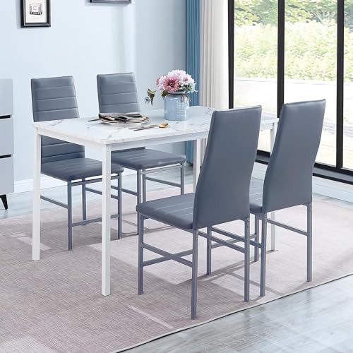 Table à manger en bois de pin avec 6 chaises ensemble repas blanc et gris de 7 pièces