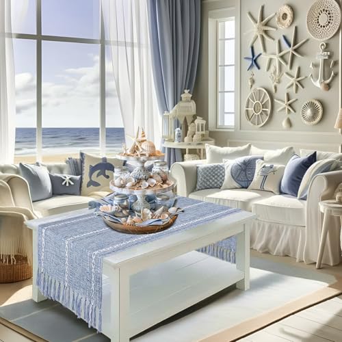 Dusty Blue Table Runner Short 15.7 x 36 inch, Blue and White Coffee Table Cover, Boho Summer Coastal Small Table Cloth, Dresser Runner Scarf for Nightstand, End Table, Rustic Farmhouse Spring Decor - Image 4