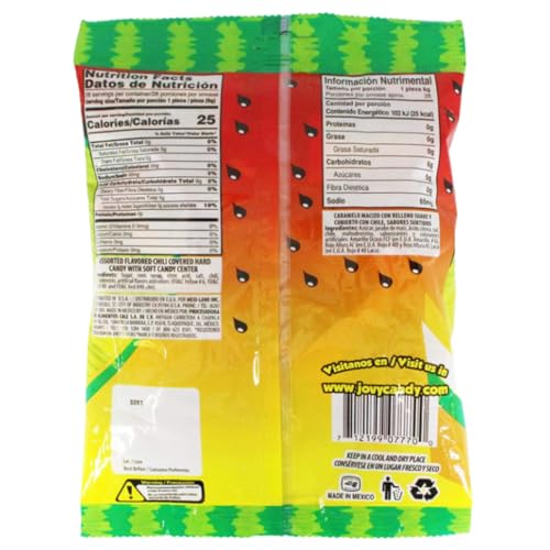 حلوى صلبة حلوة وحارة مغطاة بمسحوق الفلفل الحار بنكهة البطيخ والمانجو، حلوى مكسيكية مغلفة بشكل فردي للمشاركة، بيناتا او حشو اكياس جودي، اكياس 6 اونصة (عبوة من قطعتين)