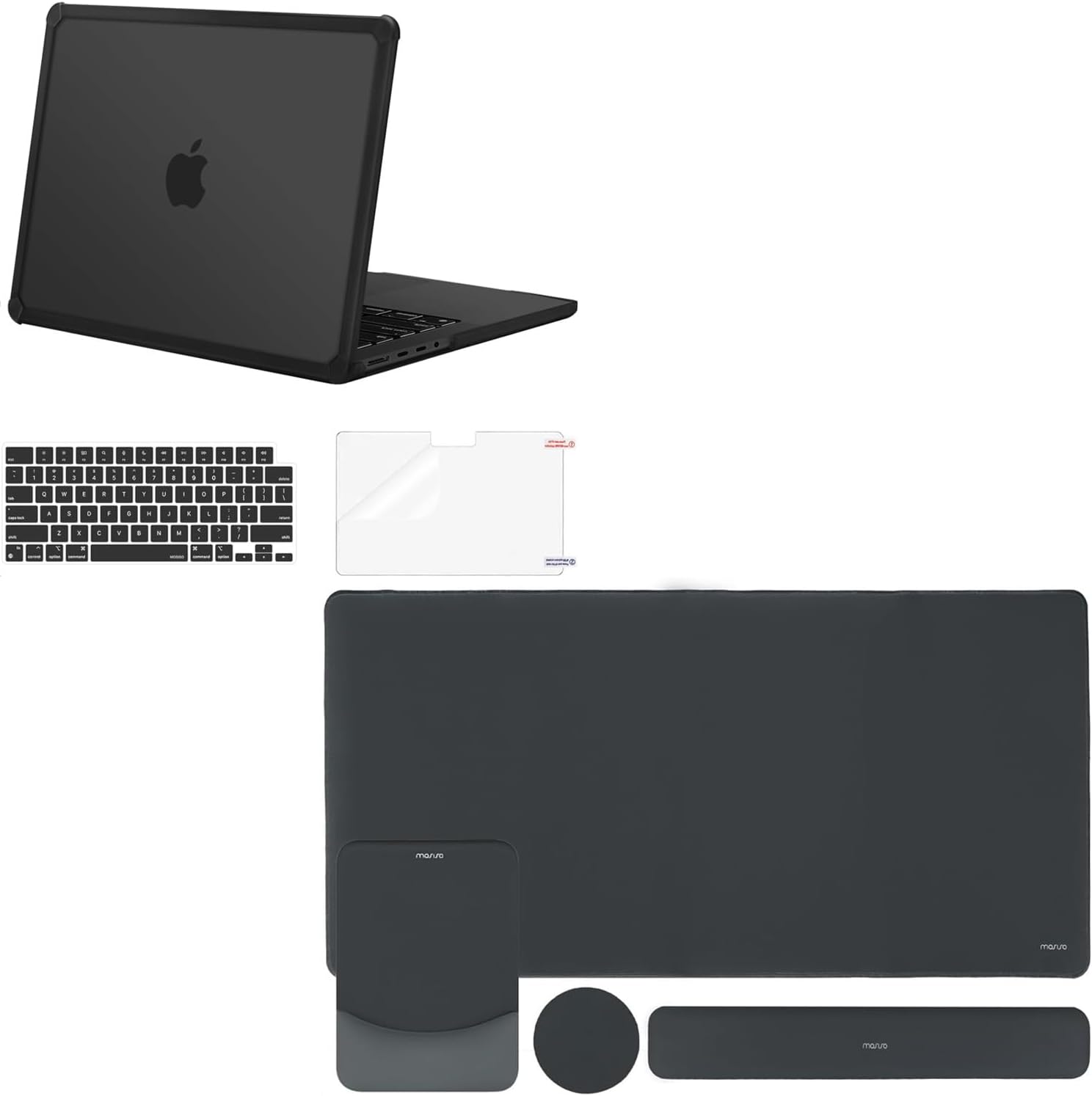 MOSISO Mouse Pad&Rectangular Keyboard and Mousepad with Wrist Rest&Coaster&Compatible with MacBook Pro 14 inch Case 2024-2021 M4 M3 M2 M1,Anti-Cracking Case&Keyboard Skin&Screen Film,Black&Slate Gray