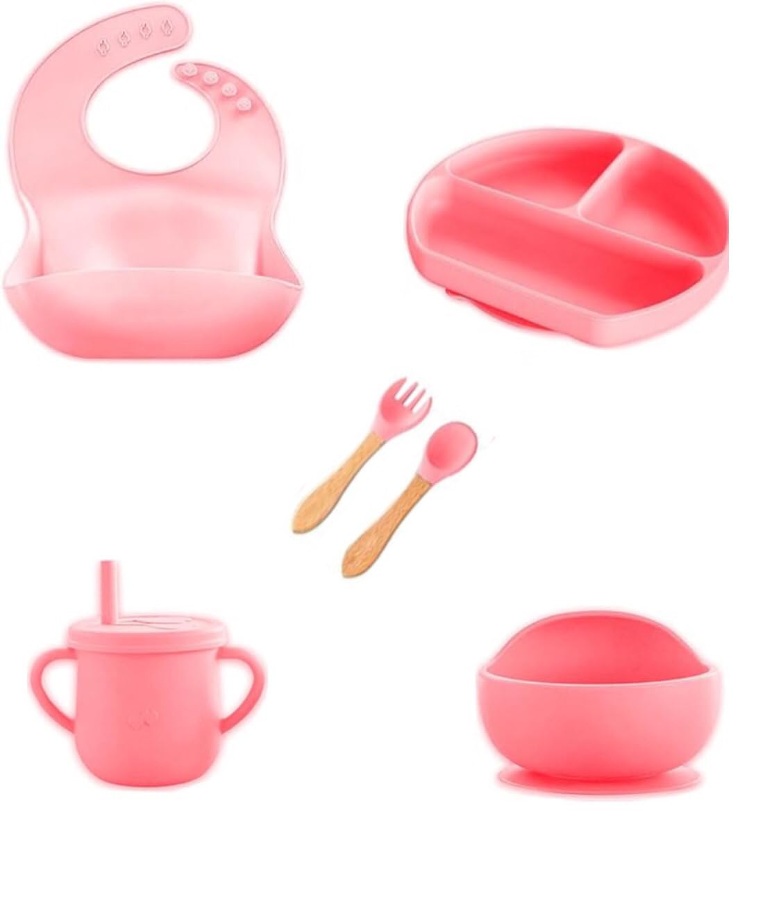 S2C 6 Pcs Silicone Feeding Kit – Baby-Led Weaning Essentials, Suction Plate with Divider, Feeder, Bib & Spoon, Toddler & Newborn Gift (Light Pink)
