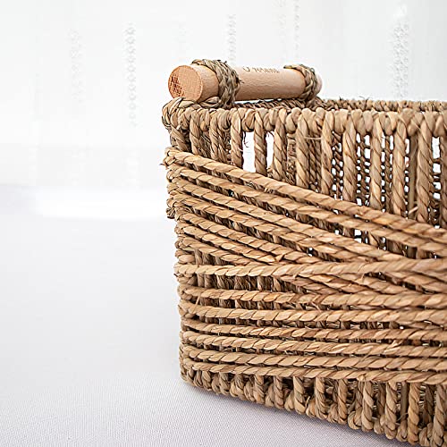 Natural Seagrass Storage Basket With Handle, Large Rectangular Wicker Basket For Organizing, Decorative Wicker Storage Basket Woven Basket Organizers For Living Room,Seagrass, Set Of 2 #TOP6