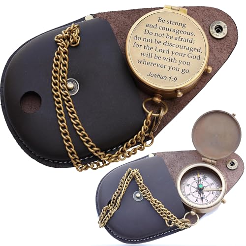 Collectibles Gallery Handmade Brass Compass with Leather case | Small Pocket Compass | Material- Brass (Be Strong and Courageous Brass Engraved Compass)
