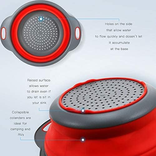 Collapsible Colander, 2 Collapsible Set, Learja Food-Grade Silicone kitchen Strainer Space-Saver Folding Strainer Colander, Sizes 8 inches - 2 Quart, and 9.5 inches - 3 quart,2 hooks (Red)