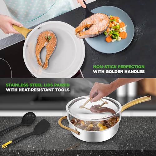 Image of NutriChef 16-Piece Stainless Steel Kitchenware - Pots & Pans Set Clad Kitchen Cookware with Nylon Utensils, Fry Pan Interior Coated with Prestige Ceramic Non-Stick Coating, Stylish Kitchen Cookware