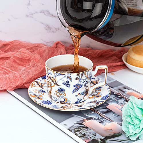 Lanhong 8.5 Ounces Tea Cup And Saucer Set Floral Tea Coffee Cup With Saucer Bone China Teacup And Saucer Set Gift For Mom Friend Tea Party (Blue) #TOP5