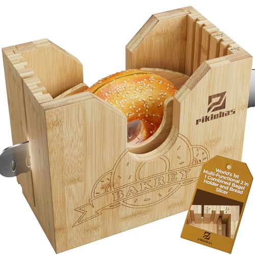 Piklohas 2025 Upgrade Bagel Slicer, Bamboo Bagel Cutter Holder for Small and Large Bagels, Bread Slicer for Buns, English Muffins, 2 Adjustable Thickness, Anti-Slip Mat, Ideal for Gift(No Knife