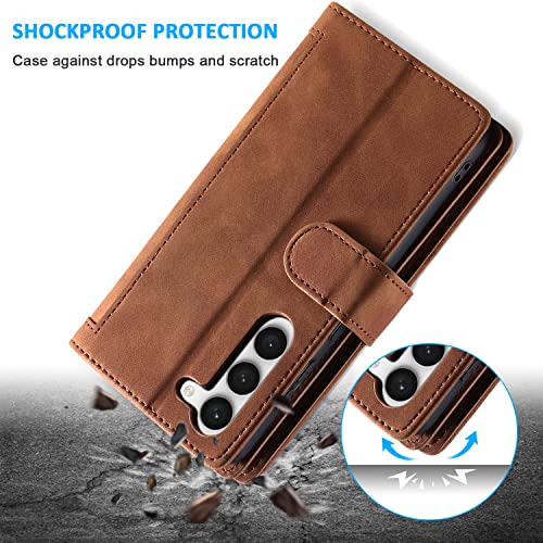 EYZUTAK Wallet Phone Case for Samsung Galaxy S22 Plus 5G, Retro Matte 9 Card Holder Slots Zipper Pocket Case PU Leather Magnetic Closure Kickstand with Wrist Strap Folio Flip Case - Brown - Image 6