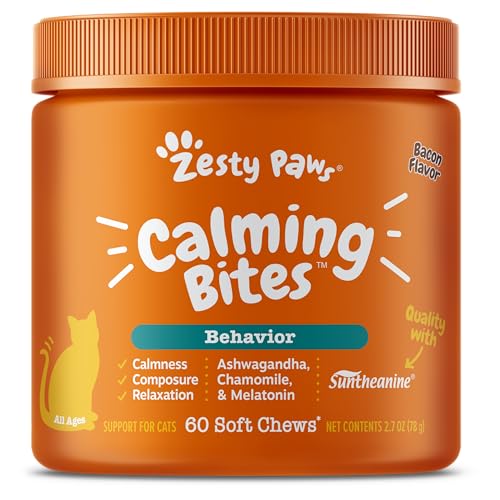 Image of Zesty Paws Calming Chews for Cats - Composure & Relaxation for Everyday Stress & Separation - with Ashwagandha, Organic Chamomile, L-Theanine & L-Tryptophan - Bacon - 60 Count - Cat