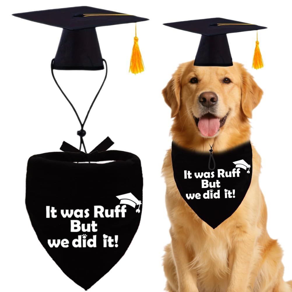 2026 Dog Graduation Bandana and Cap Set It was Ruff but We Did It Black Graduation Dog Outfits with Tassel Adjustable Graduation Cap for Small Medium Large Dogs Cute Pet Costume Photo Prop Cotton - 1