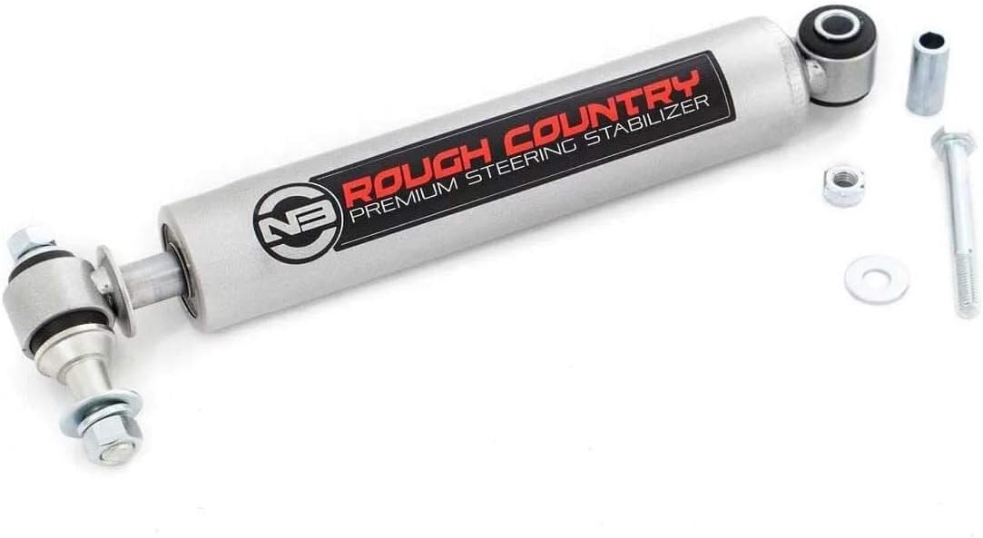 Rough Country N3 Steering Stabilizer for Jeep TJ, YJ, XJ, ZJ & GM - 8731730 & Drop Pitman Arm for 87-06 Jeep Wrangler | 84-01 Cherokee XJ - 6605