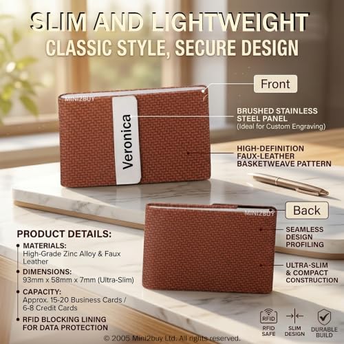 Image of MINI2BUY Customized Business Card Holder for Man&Women Metal Classy Visiting Card Holder for Pocket PU Leather Wallet Slim Cards Case with Metal Magnetic Clasp 20 Cards (6X9.5Cm Brown)