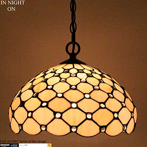 Werfactory Tiffany Pendant Light Fixture Cream Amber Bead Stained Glass Hanging Lamp Wide 12 Inch Height 32 Inch S005 Series #TOP6