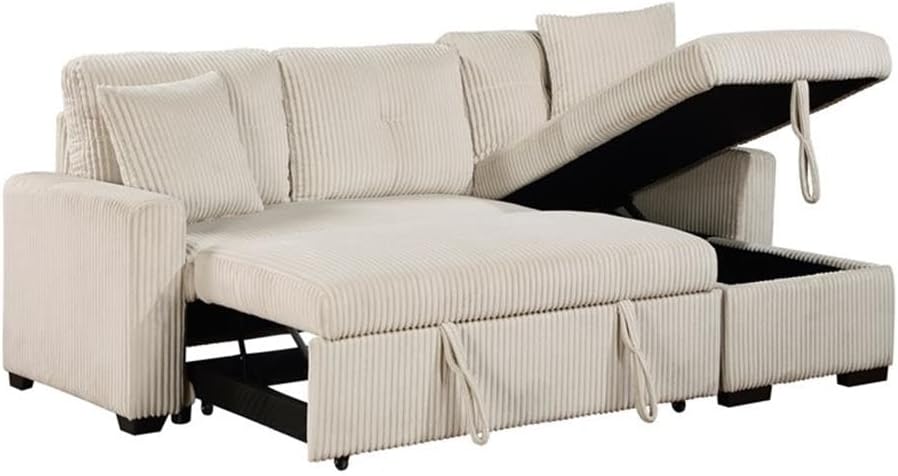 Pemberly Row 3-Piece Reversible Corduroy Sectional with Pull-Out Bed, Hidden Storage Chaise, Beige Upholstery, Solid Wood Frame, Tufted Design, Includes 2 Pillows, Casual Living Room Seating