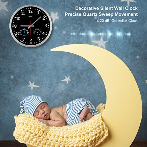 Yioyulen Wall Clock, Clocks For Wall With Temperature Humidity, 12 Inch Wall Clock Non Ticking Battery Operated Decorative For Home Bathroom Kitchen Office (Silver) #TOP4