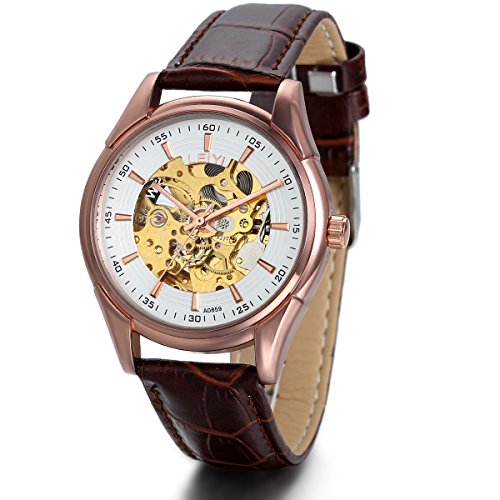 Preisvergleich Produktbild JewelryWe Herren Automatik Armbanduhr, Business Casual Skelett Automatisch Mechanisch Uhr Automatikuhr mit Leder Armband, Braun Rose Gold