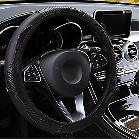 LMYDIDO Car Steering Wheel Cover Leather, Anti-slip Breathable Carbon Fiber Sports Elastic Band Without Inner Ring Steering Wheel Cover Universal Size 37-39cm /14.5-15inch (Black) Cover