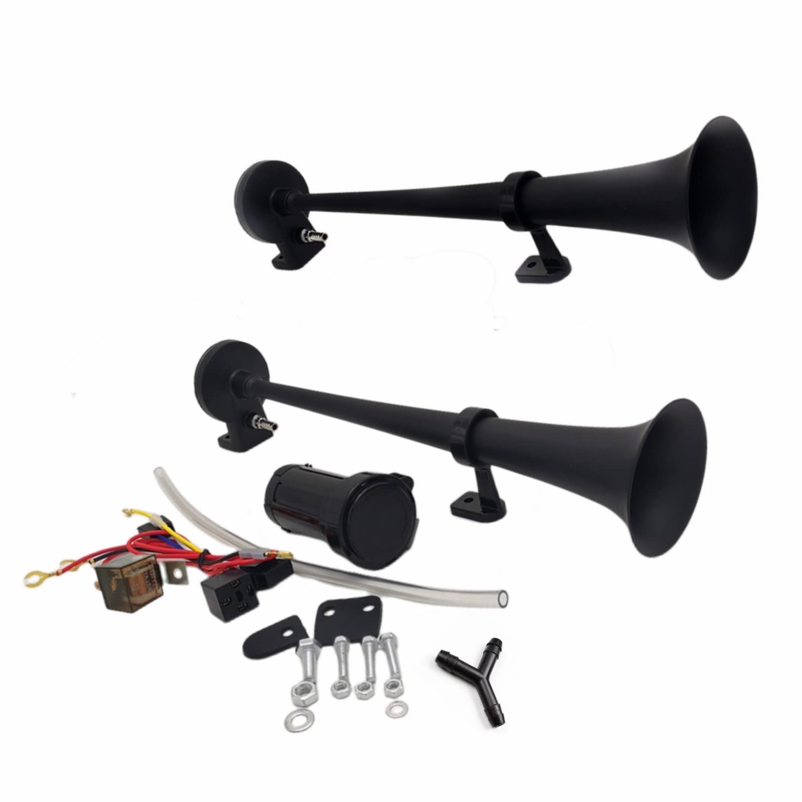 Klaxon de Voiture 24V Double Tube Trompette de Camion Chrome Noir 170db Avec Pompe à Air pour Bateaux SUV Vans Moto