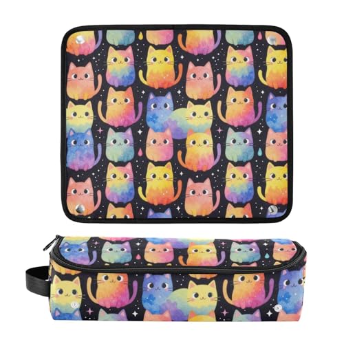 Bolsa de viaje para herramientas de cabello con almohadilla resistente al calor y organizador para plancha, herramientas calientes y accesorios para el cuidado del cabello con patrón de gatos en acuarela arcoíris para mujeres miniatura 3