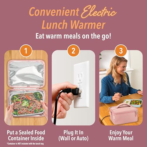 Bentgo Heat - Electric Lunch Bag & Food Warmer for Reheating Meals in Car, at Work & More - Heated Lunch Box Warmer for Adults, Students & Shift Workers, 12V/24V Auto & 120V Wall Cords (Blush)