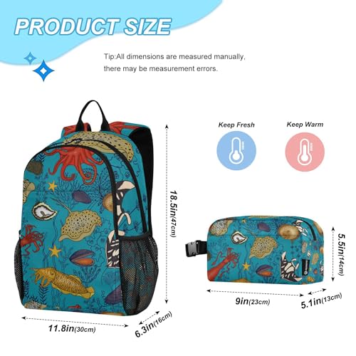Sea Animals Backpack with Lunch Bag, School Backpack for Teens Boys Girls Kids Backpacks Set2
