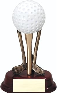 Golf Ball and Tee Trophy Award – Custom Engraved Resin Golf Trophy with White Golf Ball and Gold-Tone Tees – Sports Recognition for Tournaments Leagues Championships Competitions and Events