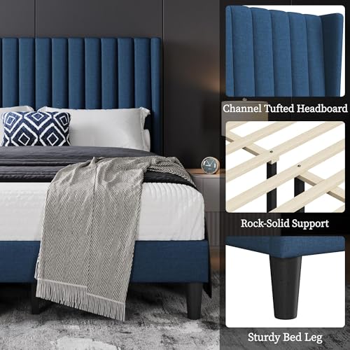 Image of Yaheetech Full Bed Frame with Headboard, Navy Blue Channel-Tufted Platform
