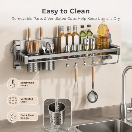 Image of HomeEssentials Aluminum Alloy Suction Cup Double Rack with Knife Holder | No-Drill Wall Mounted Kitchen Organizer | Heavy-Duty Vacuum Suction Storage Shelf | Rust-Resistant Spice & Utensil Rack