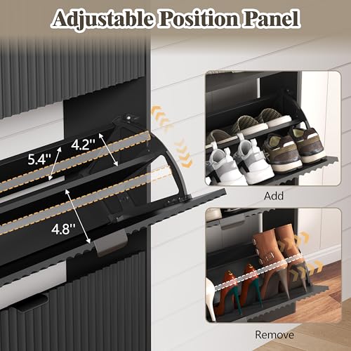 Image of Shoe Cabinet Storage for Entryway with 3 Flip Drawers, Fluted Narrow Shoe Organizer with Wooden Legs, Freestanding Slim Shoe Storage Hidden Shoe Rack Organizer for Front Door Entrance, Hallway, Black
