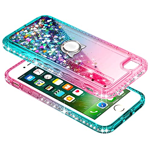 Ngb Compatible For Iphone 8 Plus Case, Iphone 7 Plus /6 Plus /6S Plus With Tempered Glass Screen Protector, Ring Holder, Girls Women Kids Liquid Bling Sparkle Glitter Cute Case (Pink/Aqua) #TOP3