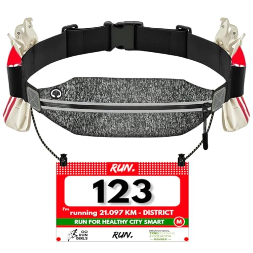 Vicloon Laufgürtel für Handy, Schwarze Leichte Lauftasche,Triathlon Startnummernband Laufgurt, Laufgürtel mit Kopfhöreranschluss und Nummernhalter&6 Gel-Halter für Joggen Marathon,Grau