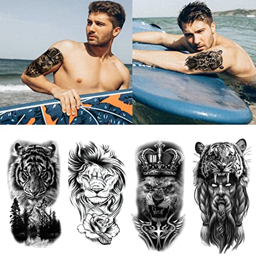 Padoun Animal Temporary Tattoos, 15-Sheet Black Tiger Lion Wolf Totem Adult Tattoos Temporary, Fake Tattoos Men #TOP6
