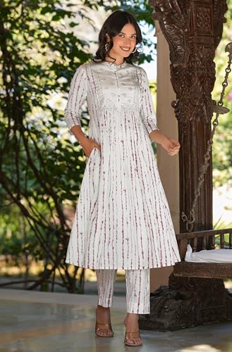 Image of Janasya Women's White Pure Cotton Tie & Dye With Mirror Work A-line Kurta Pant Set