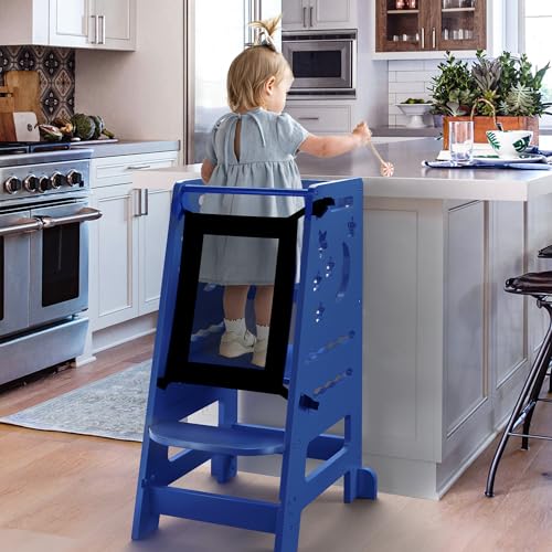 Image of TOETOL Bamboo Learning Standing Helper Tower with Keeper - Navyblue Toddler Kitchen Counter Step Stool, 3-Height Adjustable Helper with Message Boards