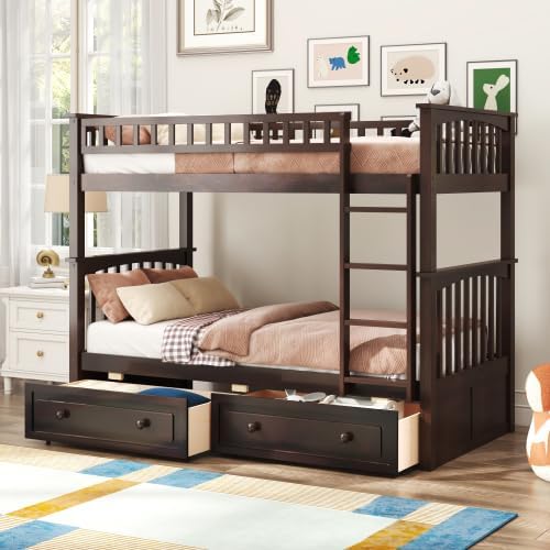Kids Bunk Bed with Storage Drawers, Twin Over Twin Wood Bunk Bed Frame with Guardrails, Convertible Kids Beds, Espresso