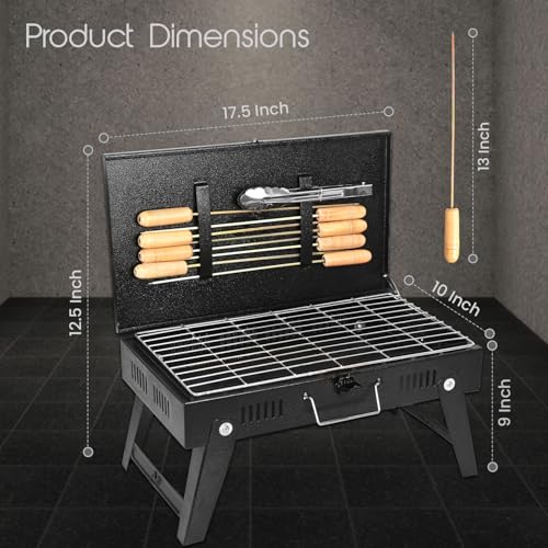 Image of Pivalo Charcoal Barbeque Grill Set | Tandoori BBQ for Home & Outdoor Use | 4-Piece Combo | 8 Skewers | 1 Glove | 1 Tong | Foldable Standing BBQ for Camping, Picnic & Travel Cooking (Pack of 1, Black)