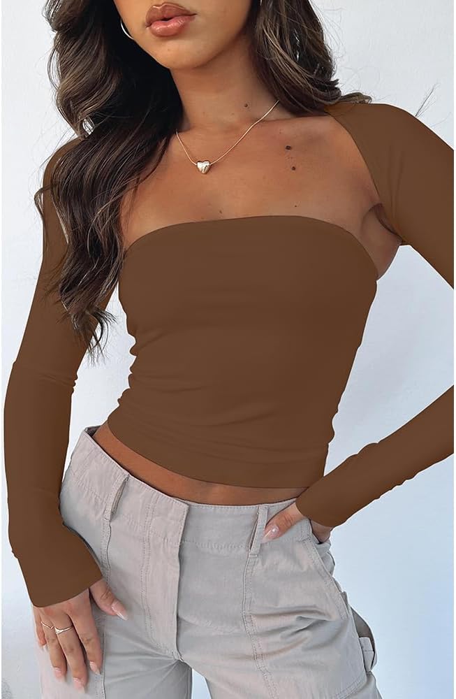 Women’s Long Sleeve Crop Tops 2 Piece Bolero Shrug Cutout Slim Fit Y2K T-Shirt Fall Basic Tees Streetwear - Image 2