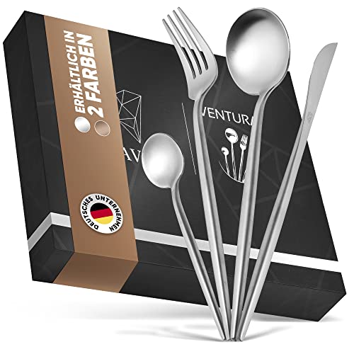 Glavory Ventura - Besteck Silber Matt - portugiesischer Stil - Besteck Set 4 Personen 16 teilig - rostfreier 18/8 Edelstahl - silbernes Besteck spülmaschinenfest