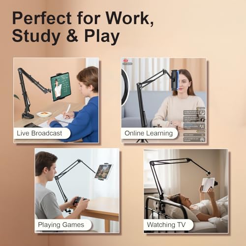 Image of Overhead Video Mobile Stand, New Extra Long Arm, 1 /4 inch Head 2 Way Base clamp, and Bracket for Mobile Phone, for, Overhead Video, Desktop,Bedroom, Office, Black (Extra Long Tab)