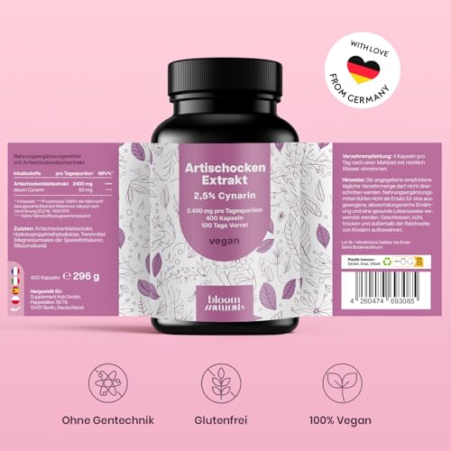 Artischockenextrakt Hochdosiert - 400 Kapseln - 2.400 mg pro Tagesdosis davon 60mg Cynarin - - Artischocken Extrakt hochdosiert, Artischocke - Vegan und produziert in Deutschland