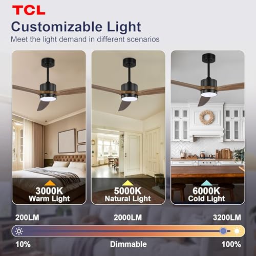 Image of TCL Ceiling Fans with Light and Remote: 60 inch 3 Wooden Blades 3 Dimmable LED Fan for Room Indoor Modern Farmhouse Decor - 6 Speed Memory DC Reversible Fan Lights (Brown, 60 Inch)