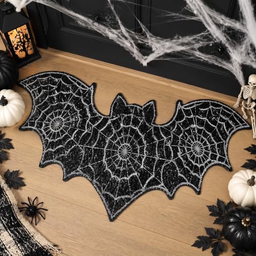 Tinideya Halloween Bat Doormat, Black Spiderweb, 27.5 x 15.7 Inch