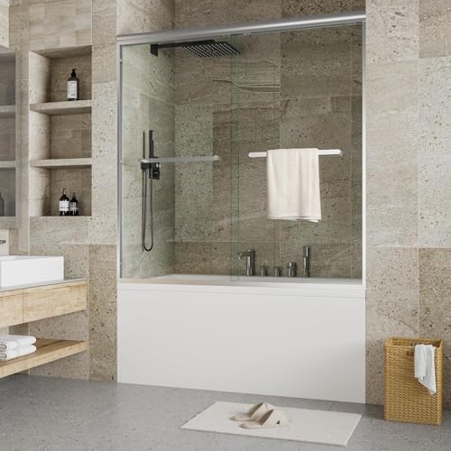 56-60 Inch W× 59 Inch H Double Sliding Shower Door, Semi-Frameless Bypass Bathroom Door with 1/4" Tempered Glass, Brushed Nickel Finish for Walk-in S