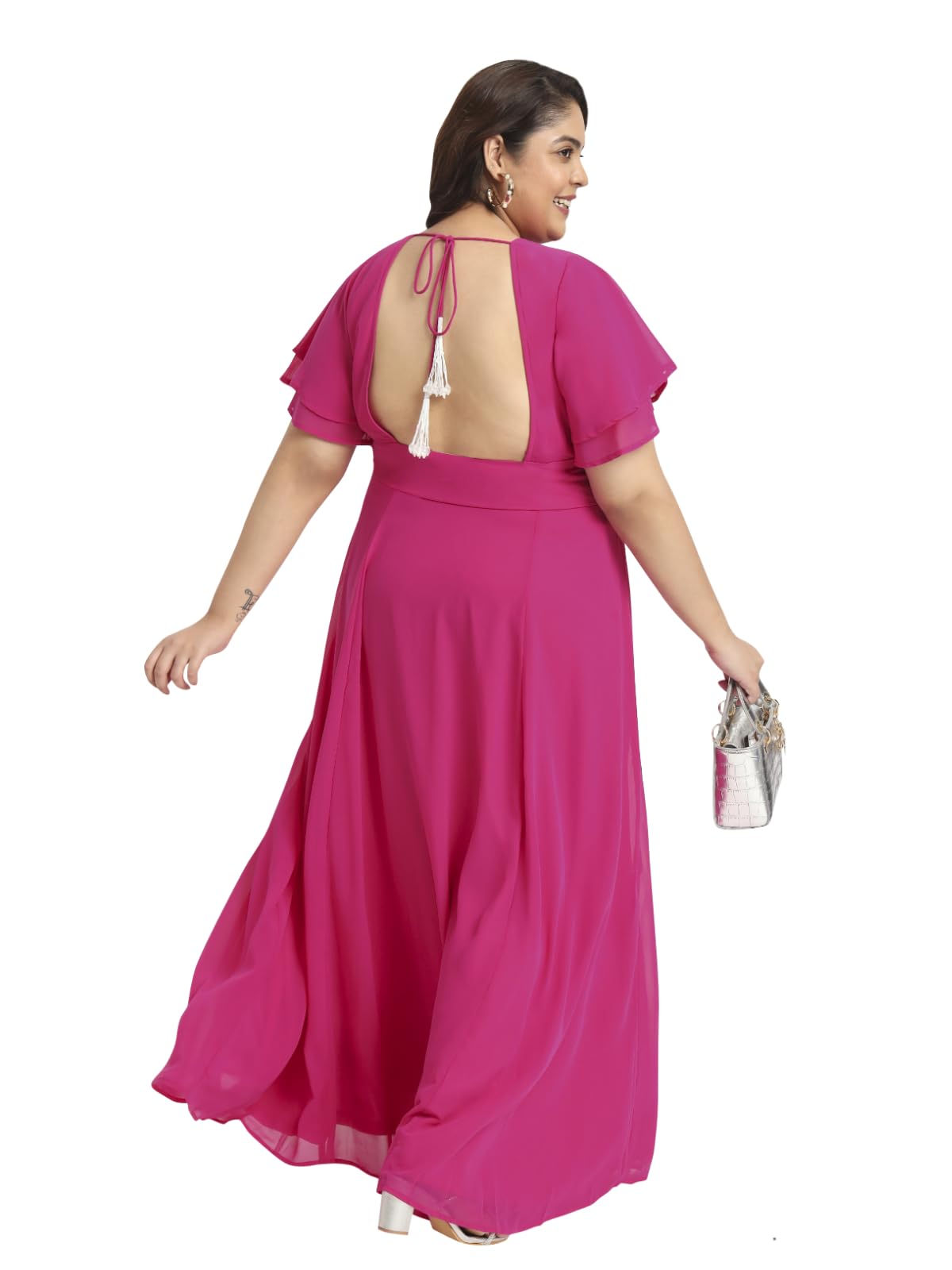 wild UWomen Plus Size Maxi Gown | Beaded Tassel | Bare Back | Western Dress for Women - Fuchsia (Pink, Size : 3XL to 8XL)