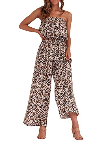 Miessial Women's Off Shoulder Jumpsuit Casual Strapless Wide Leg Pants Jumpsuit Rompers Leopard 4-6 #TOP9