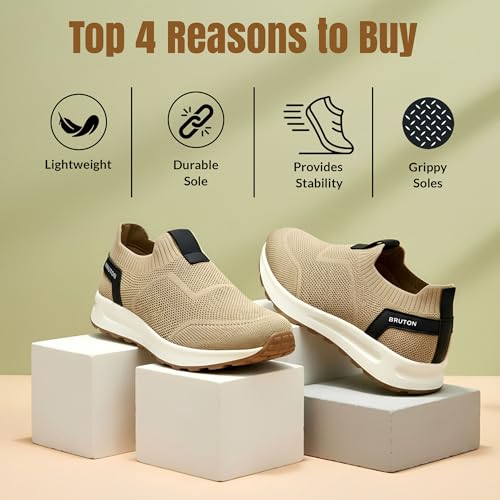 Image of BRUTON Men's Beige & Black Casual Sneaker | Lightweight Cushioned Lace-Up Shoes | Breathable Fashion Footwear for Walking, Travel, College