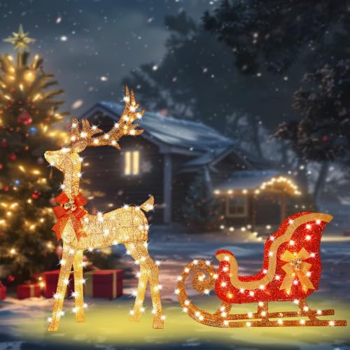 52 Inch 3D Gold Large Lighted Christmas Reindeer & Sleigh Decorations 2-Piece Outdoor Holiday Decorations Reindeer Set with 160 Warm White LEDs, Large Yard Display for Garden, Storefront