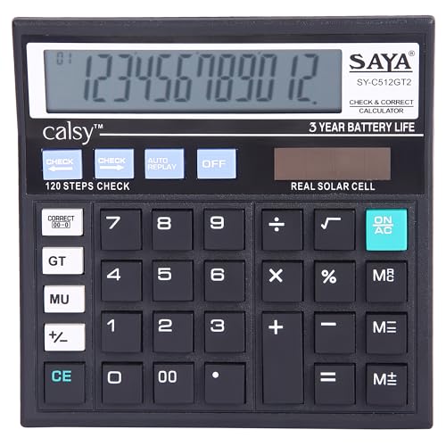 Image of Saya Check and Correct Basic Desktop Calculator with 12-Digit Large Display | Dual Power (Solar & Battery) | Ergonomic Design for Office & School Supplies | GST & Rate Function | 1 Year Warranty