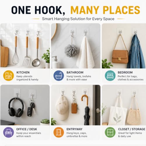 Image of KONVIO NEER Big Transparent Wall Hooks for Hanging - 10 Pack Self Adhesive Heavy Duty Stainless Steel Wall Hooks Without Drilling for Towels, Keys, Kitchen, Bathroom, Home & Office